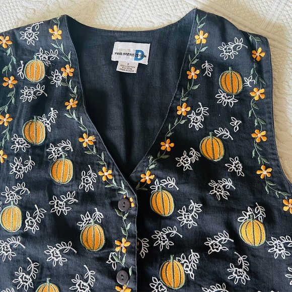 Vintage Vest Paul Harris Design Black Cotton Size S Embroidered Pumpkins Boho - Picture 3 of 7